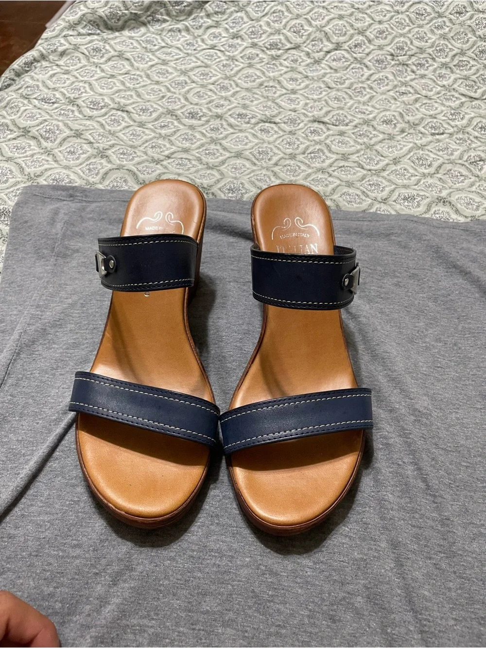 Italian Shoemakers Navy Leather Double-Strap Wedge Sandals